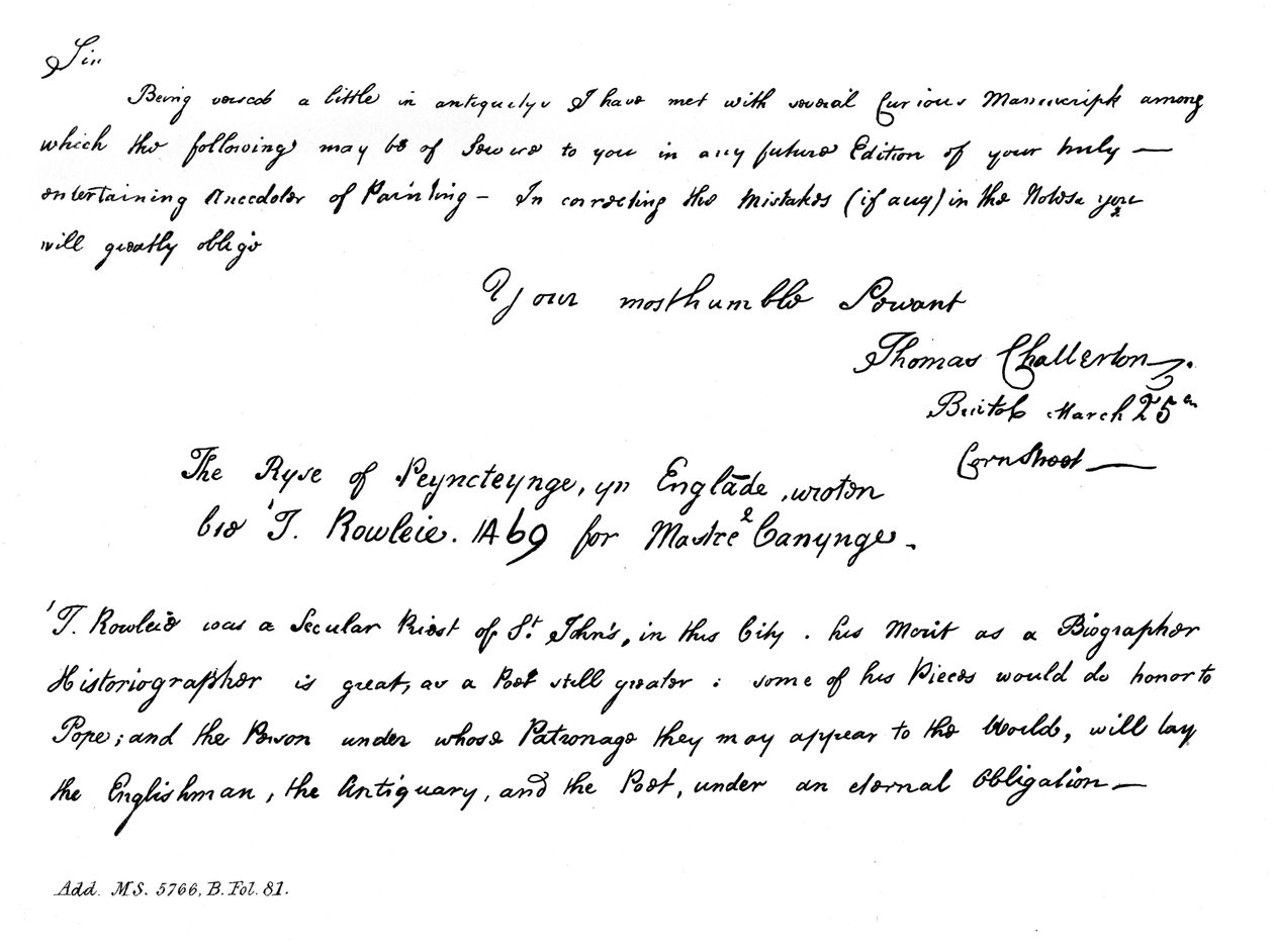 En del av ett brev från Thomas Chatterton till Horace Walpole, sent 1700-tal, 1840 av Thomas Chatterton