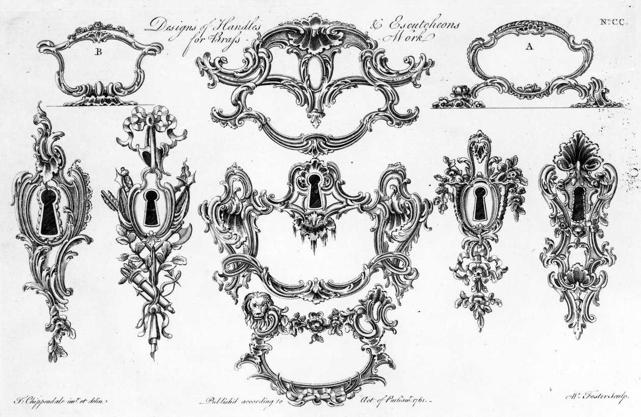 Design of Handles und Escutcheons for Brass Work, tryck av W. Foster, 1761 av Thomas Chippendale