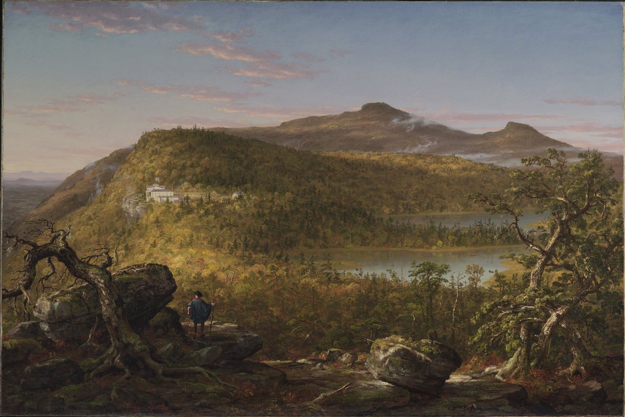Utsikt över de två sjöarna och Mountain House, Catskillbergen, morgon av Thomas Cole