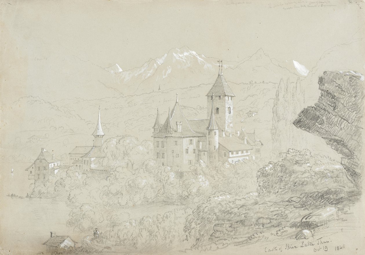 Castle of Spiez, 1841 (penna och gouache på grågrönt papper) av Thomas Cole