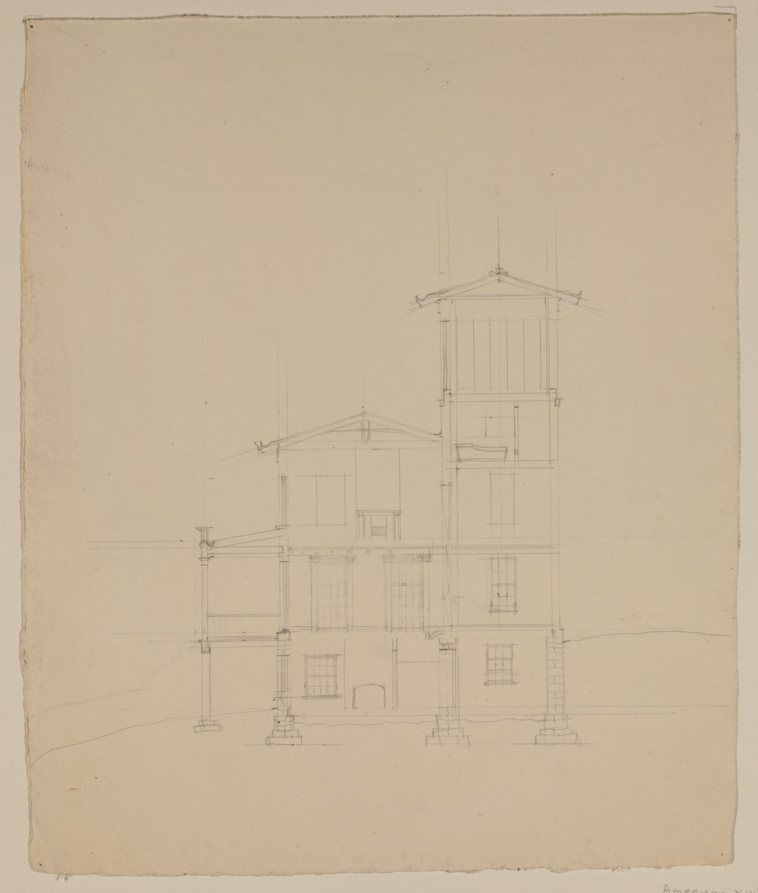 Ritning av den föreslagna villan i Catskill, ca 1801-48 (grafitpenna på benvitt vävt papper) av Thomas Cole