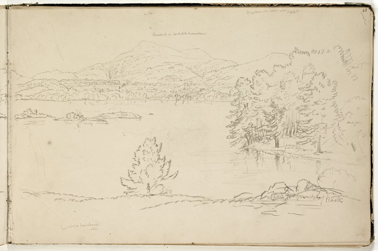 Hoosick eller Saddle Mountain and Lake nära Pittsfield, ca 1832 (grafitpenna på benvitt vävt papper) (se även 3525969) av Thomas Cole