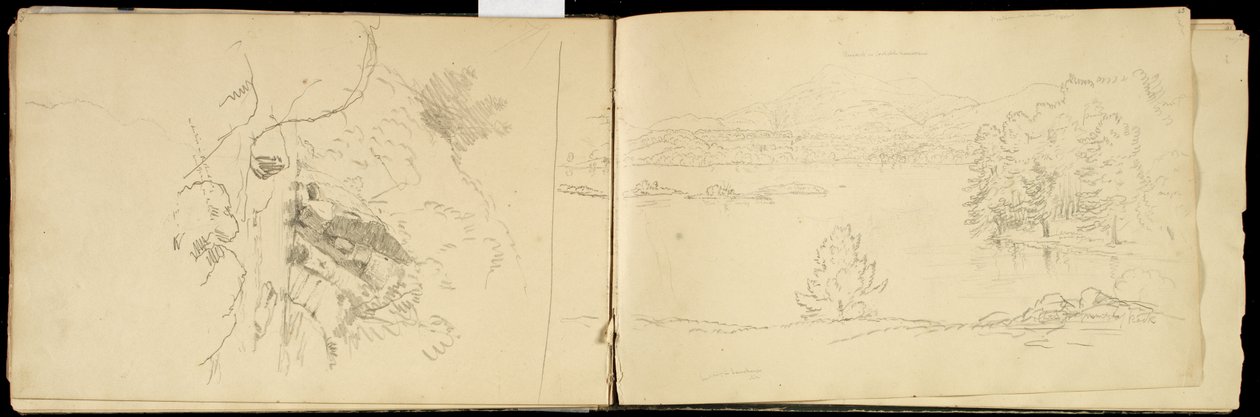 Hoosick eller Saddle Mountain and Lake nära Pittsfield, ca 1832 (grafitpenna på benvitt vävt papper) (se även 3514873) av Thomas Cole