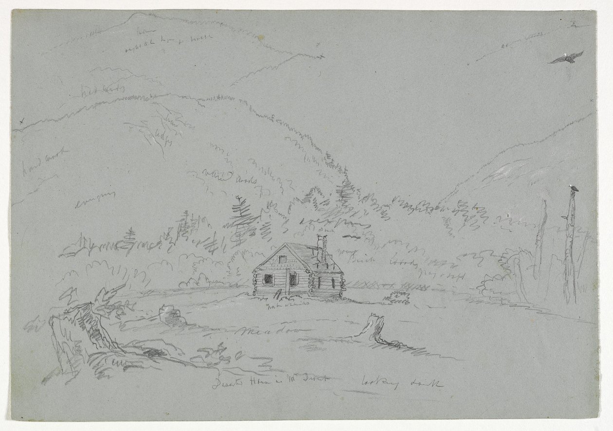 Hus i Mount Desert, ca 1844 (grafit förhöjd med vit krita på papper) av Thomas Cole
