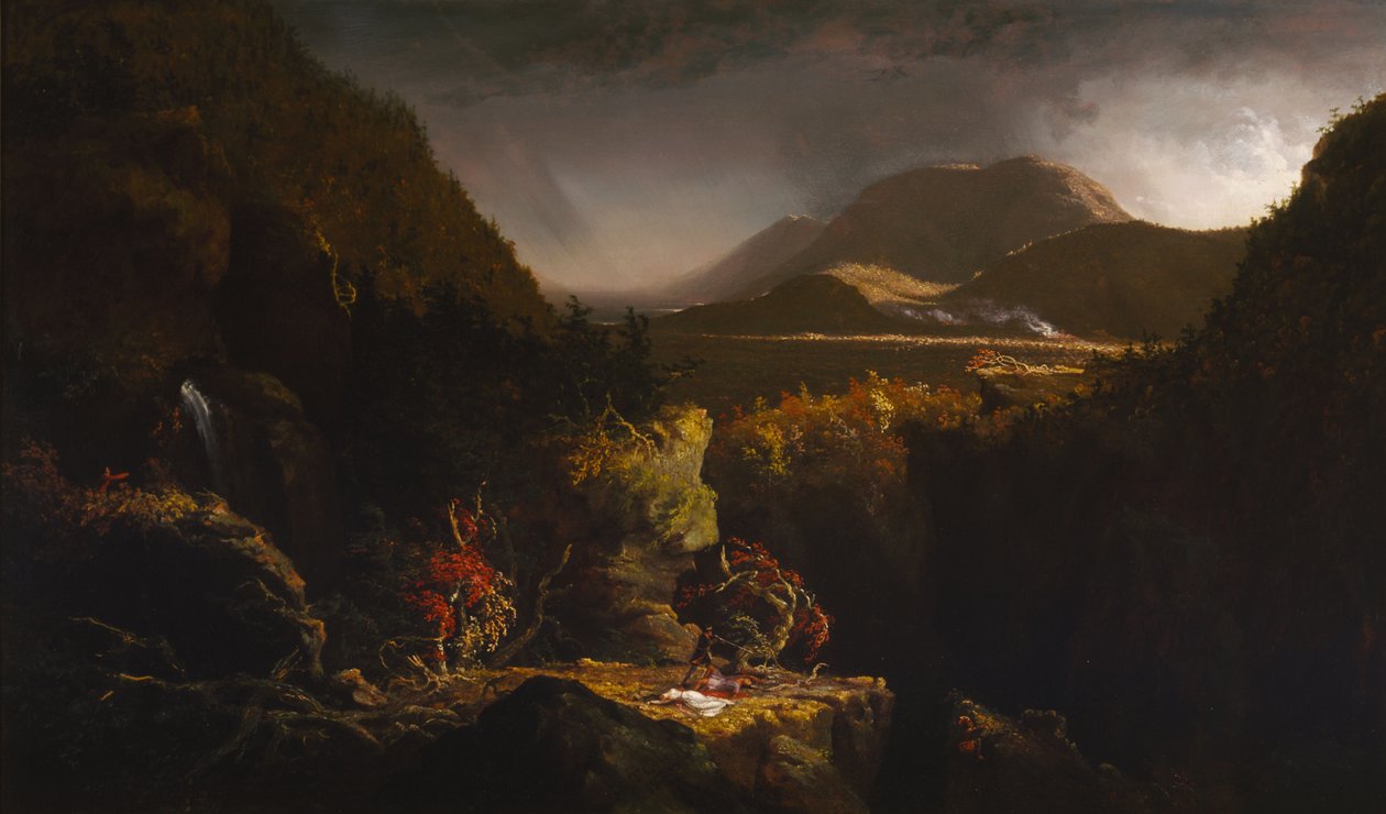 Landskap med figurer: En scen ur "Den siste mohikanen" av Thomas Cole