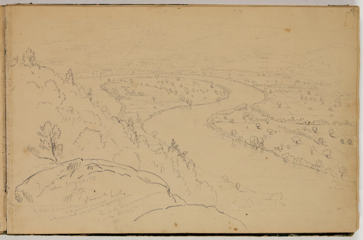Panorama över Oxbow på Connecticut River sett från Mount Holyoke, ca 1832 (penna på papper) av Thomas Cole