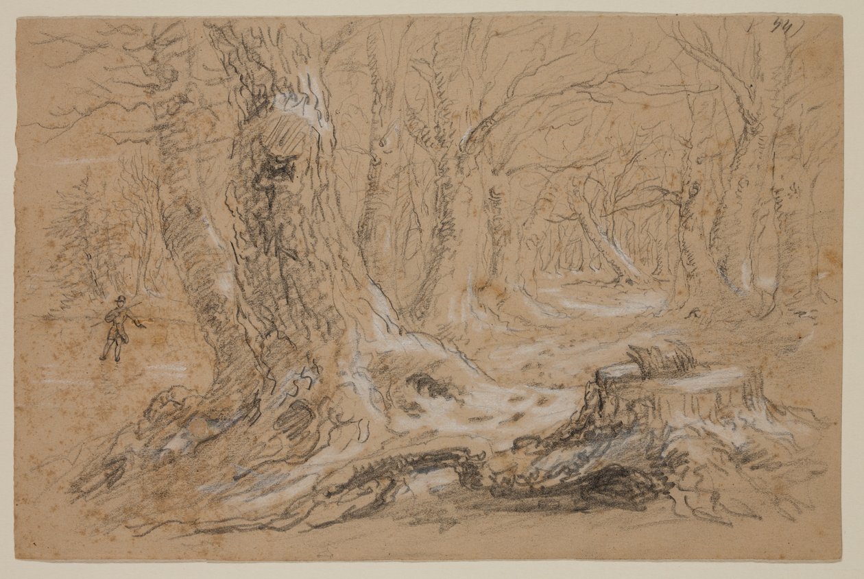 Träd på vintern med man som står på Frozen Creek (penna och gouache på papper) av Thomas Cole