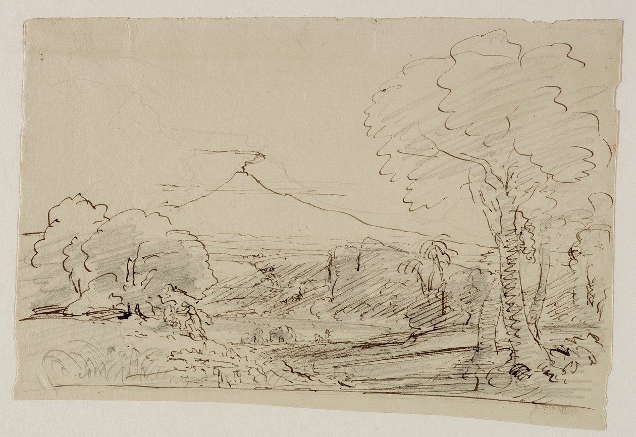 Vulkan, sjö, figurjakt, 1846-47 (penna och bläck med penna på papper) av Thomas Cole