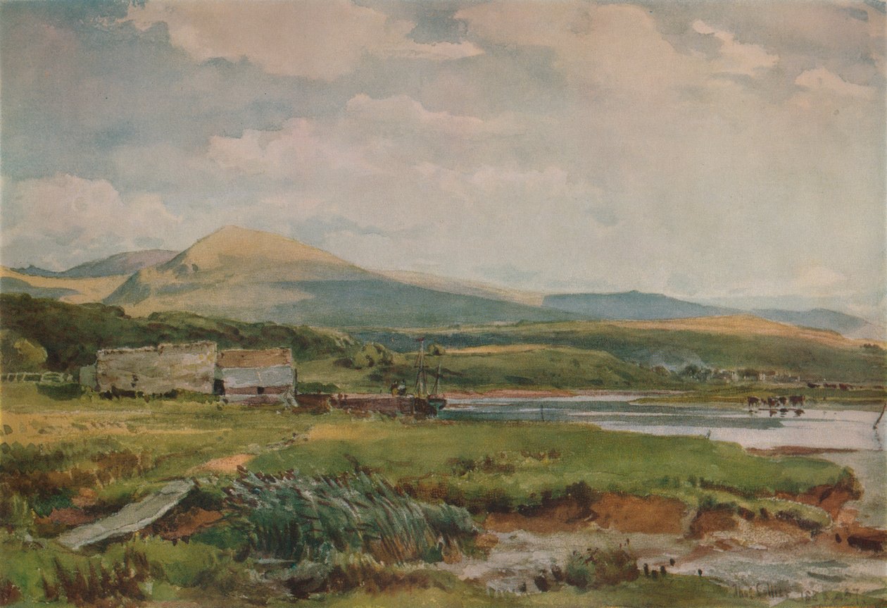 Flodscen med stugor, c1887 av Thomas Collier