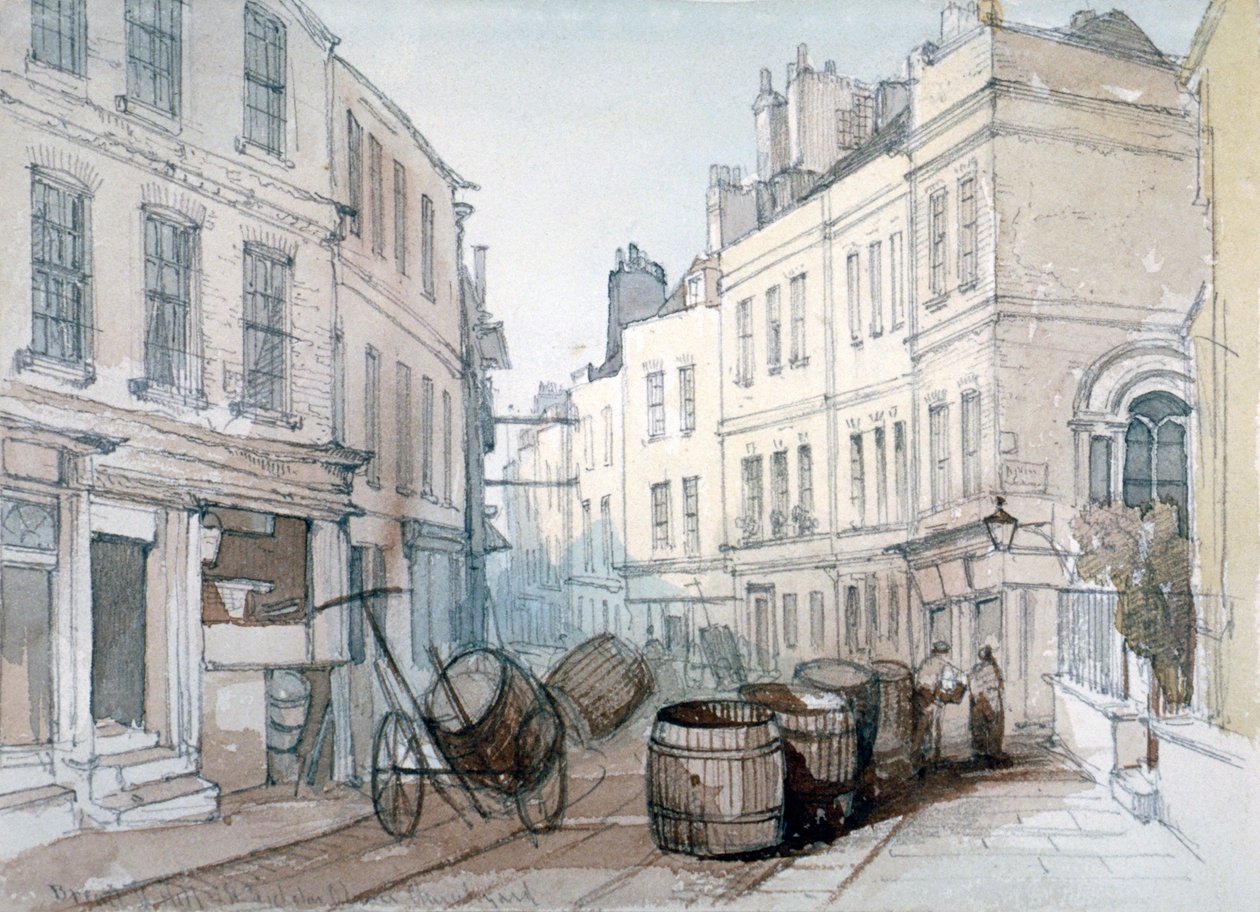 Bread Street Hill och St Nicholas Olave Churchyard, City of London, c1850 av Thomas Colman Dibdin