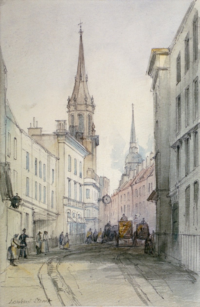 Utsikt längs Lombard Street, österut, med figurer och vagnar, City of London, 1851 av Thomas Colman Dibdin