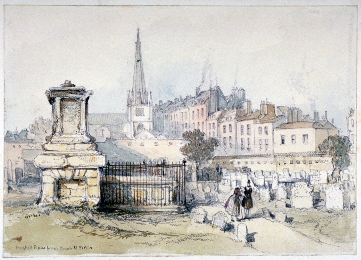 Utsikt över Bunhill Row från Bunhill Fields, Finsbury, Islington, London, c1860. av Thomas Colman Dibdin
