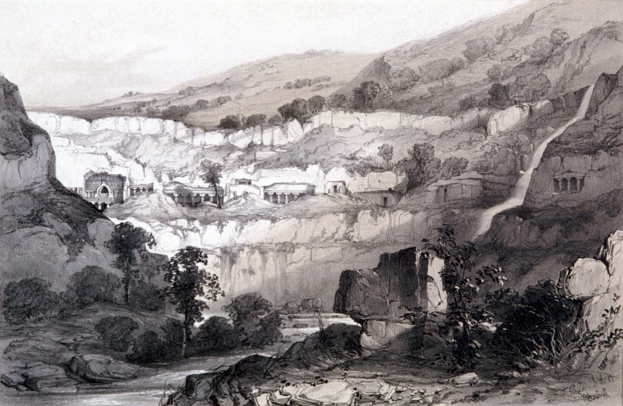 Utsikt över grottorna, Ajunta, Indien, 1844 av Thomas Colman Dibdin