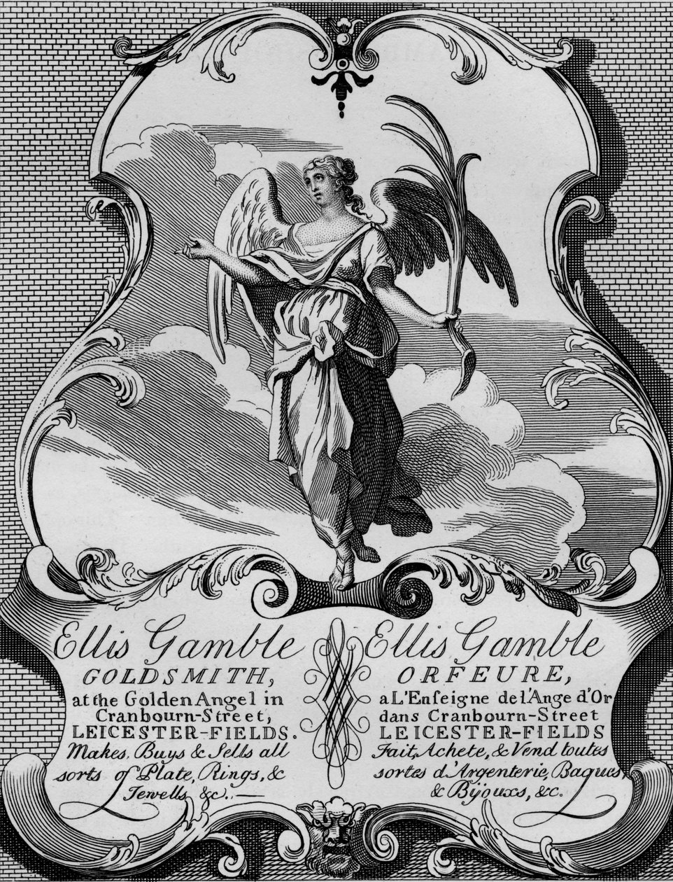 Handelskort av guldsmed Ellis Gamble, 1720-talet, 1827. av Thomas Cook