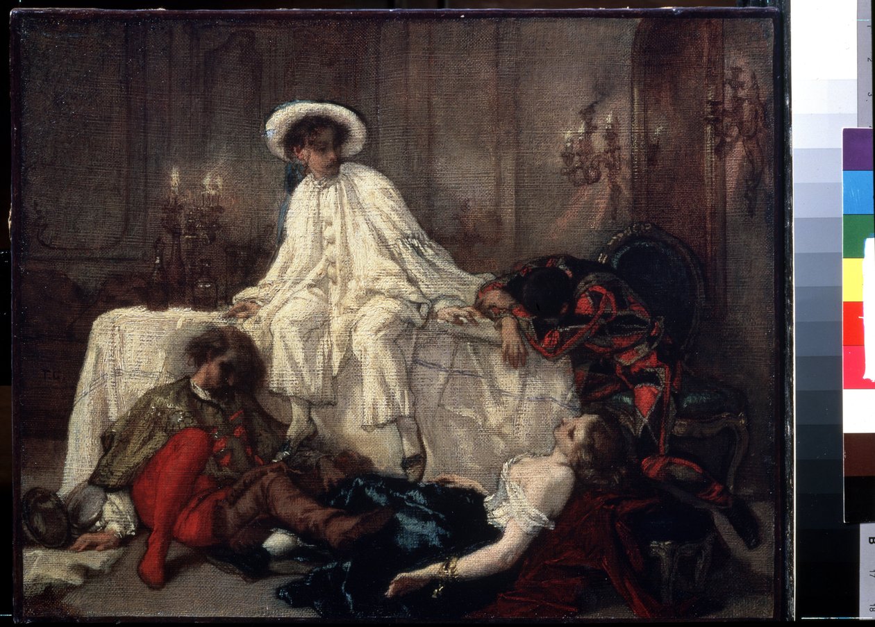 ""Efter maskeraden"" (Efter maskeraden) Slutet av festen föll fyra utklädda karaktärer ihop eller sträckte ut sig i slutet av en livlig kväll. Målning av Thomas Couture (1815-1879) circa 1850 Pushkin Museum, Moskva av Thomas Couture