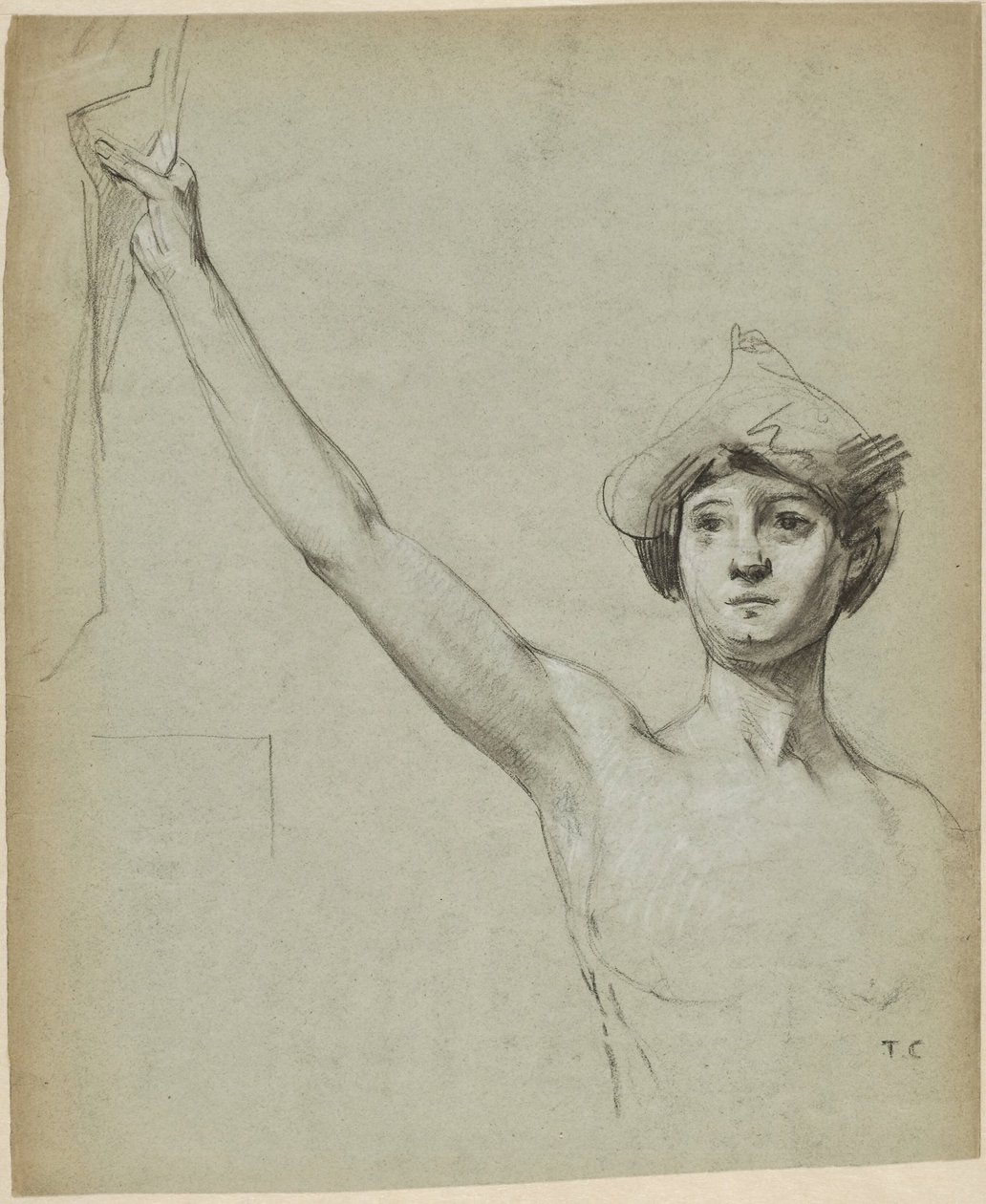 Naken figur vid draperi, modellstudie av Thomas Couture