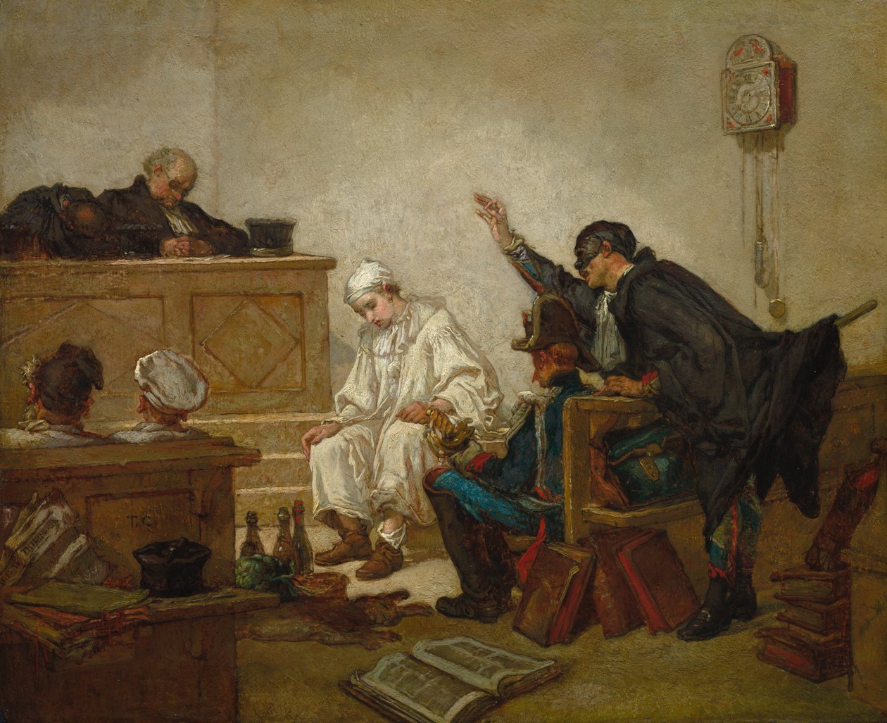 Pierrot i brottmålsdomstolen, ca 1864-70 (olja på träpanel) av Thomas Couture