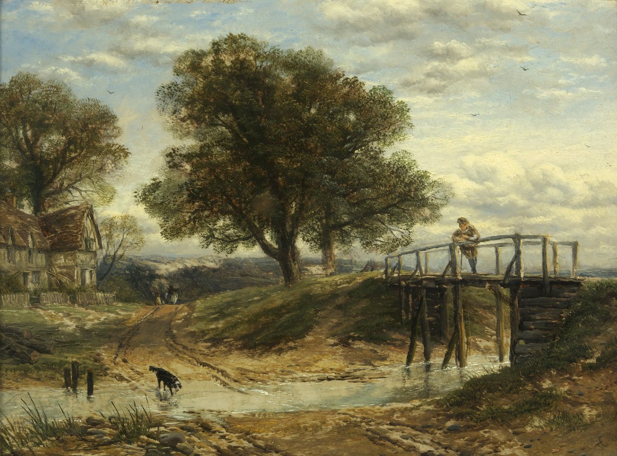 Landskap med bäck, bro och stuga (olja på panel) av Thomas Creswick