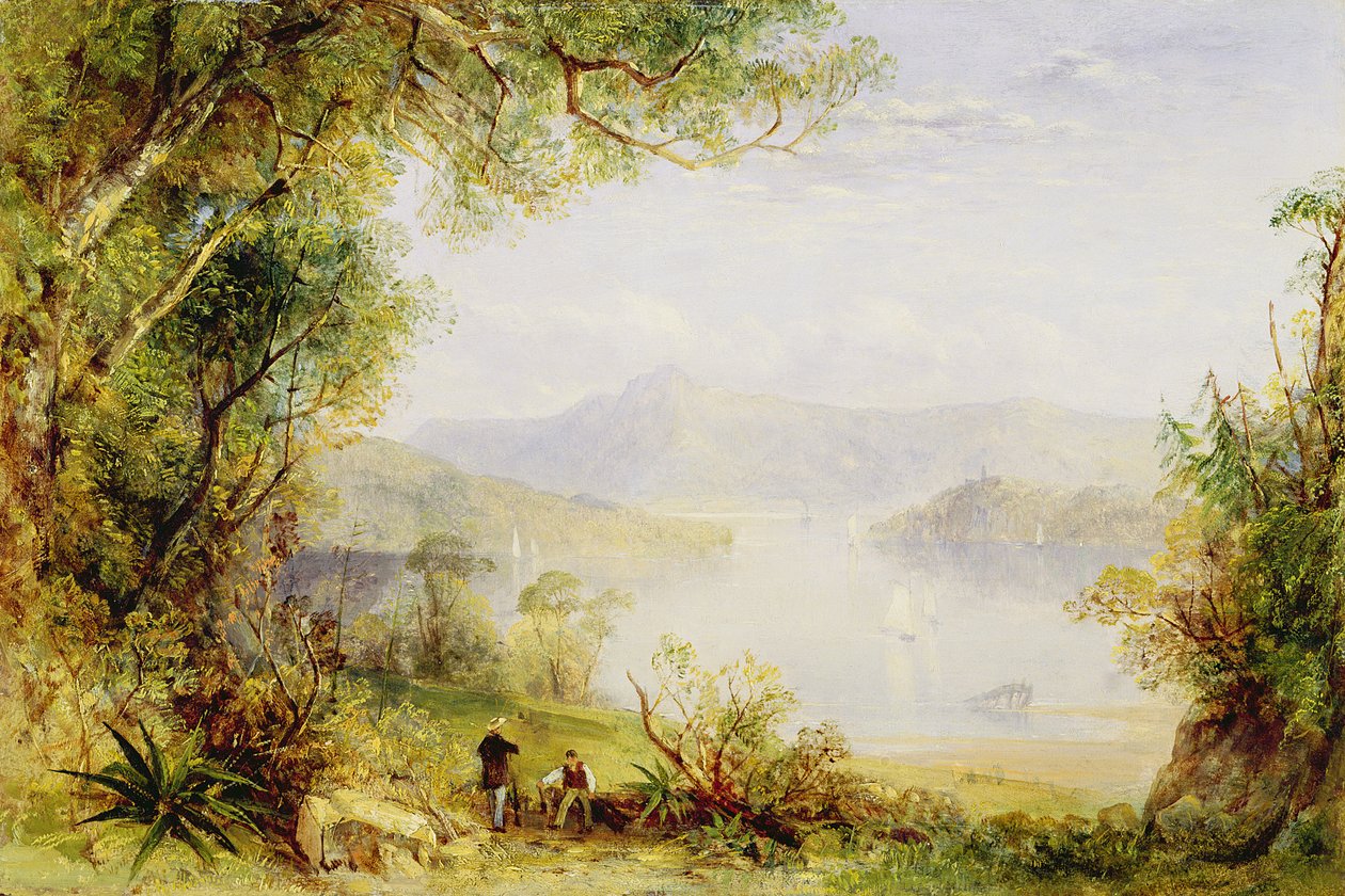 Utsikt över Hudsonfloden, ca 1840-45 (olja på panel) av Thomas Creswick
