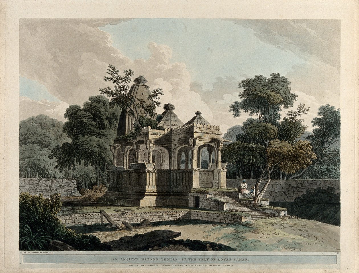 Ett forntida hinduiskt tempel i fortet Rotas, Bahar av Thomas Daniell