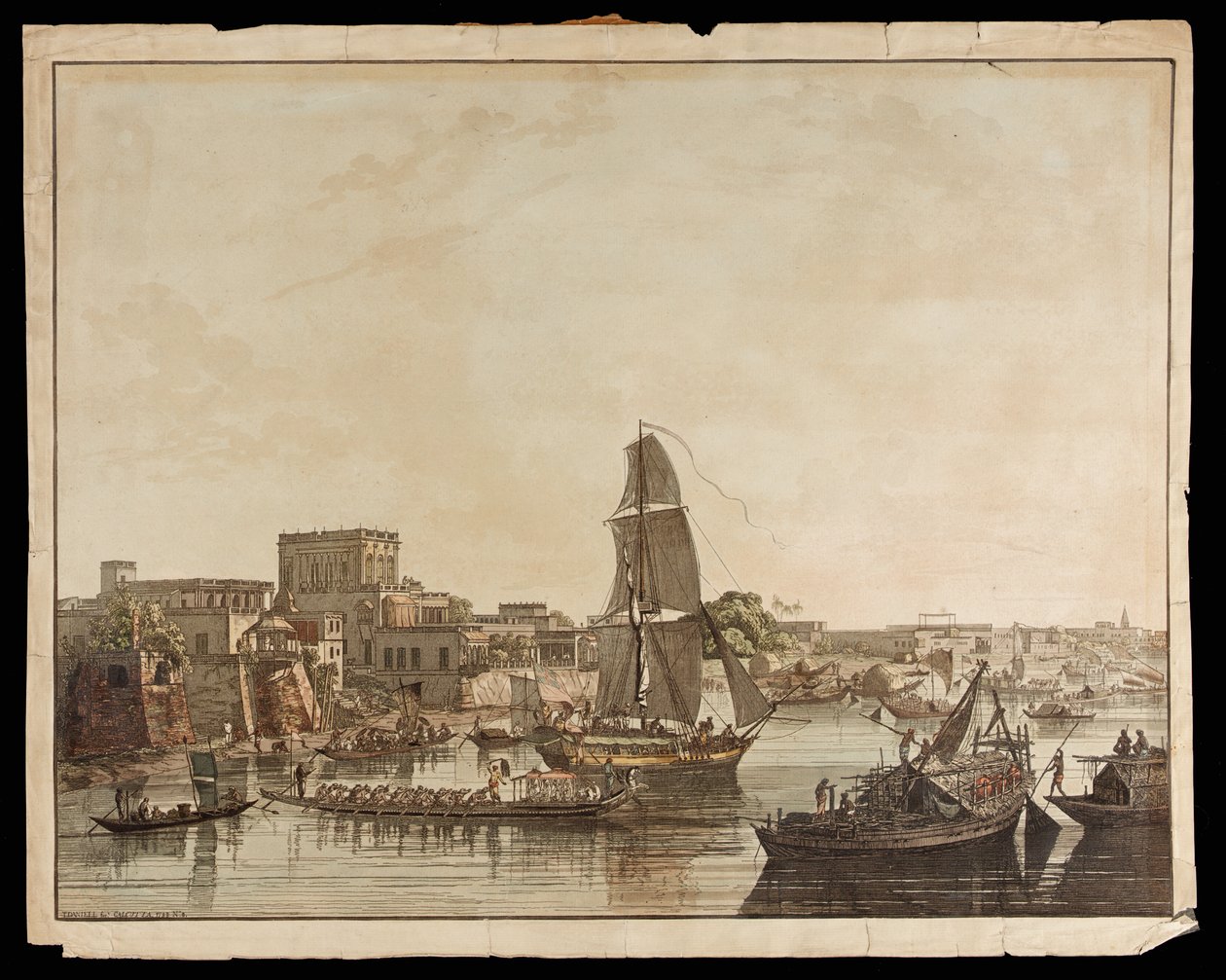 Calcutta från floden Hoogly: Gentoo Buildings from the Views of Calcutta, 1788 av Thomas Daniell