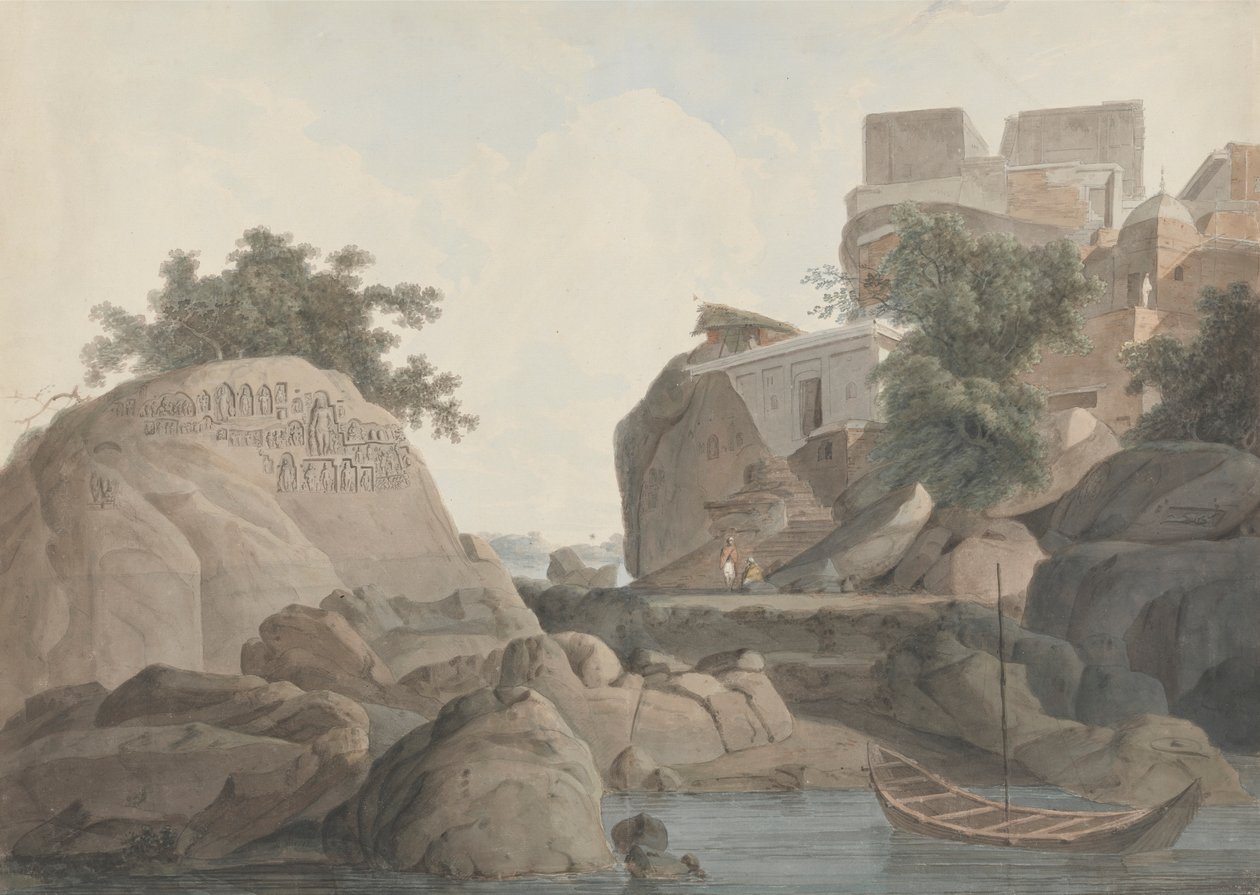 Fakirs klippa vid Sultanganj, vid floden Ganges av Thomas Daniell