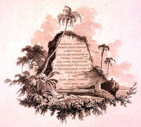 Frontispice från "Oriental Scenery: Tjugofyra vyer i Hindoostan". av Thomas Daniell