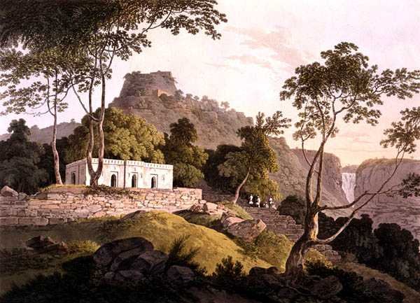 Raje Gaut, huvudvägen upp till Rotas Ghur, Bahar, från "Oriental Scenery: Twenty Four Views in the Hindoostan" av Thomas Daniell