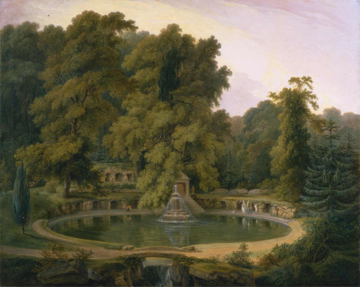 Tempel, fontän och grotta i Sezincote Park av Thomas Daniell