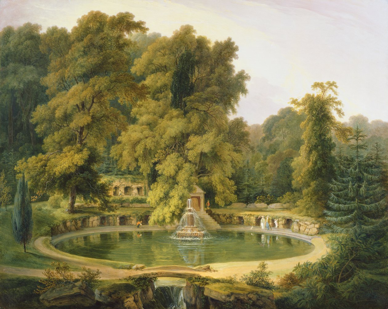 Tempel, fontän och grotta i Sezincote Park av Thomas Daniell