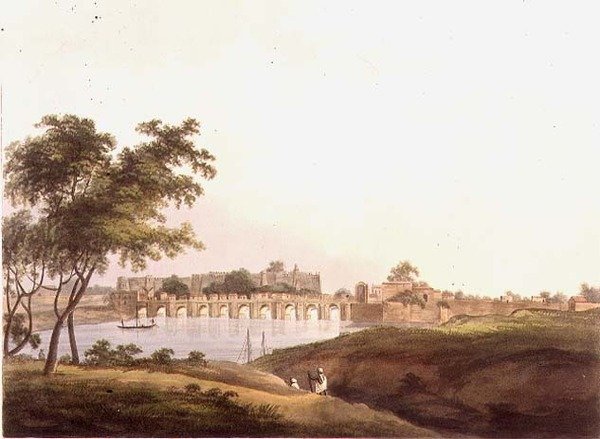 Bron vid Juonpore, Bengal, graverad av H. Merke (fl.1800-20) pub. av Edward Orme (1774-c.1820) 1804 (litho) av Thomas Daniell