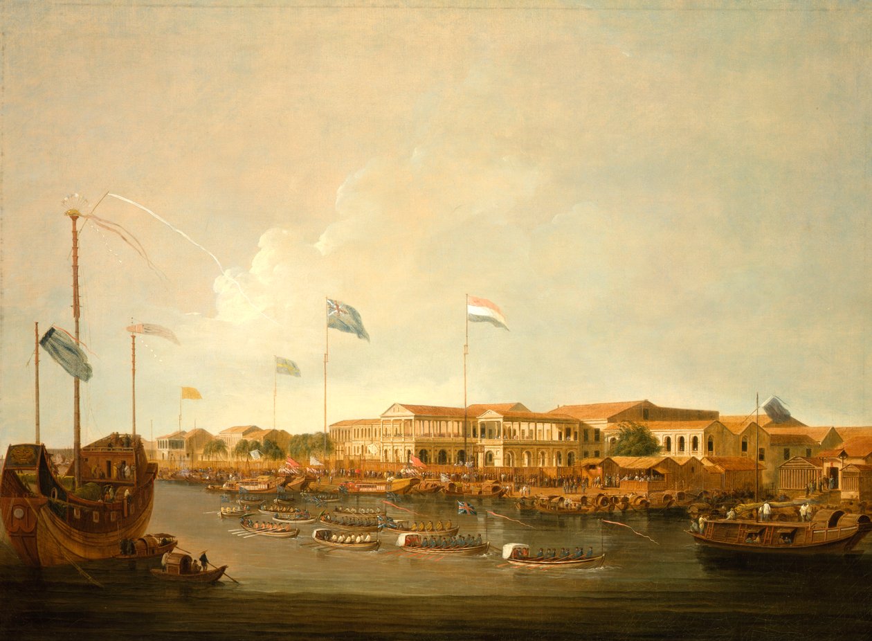 Hongs i Canton från sydost, med en regatta på Pearl River av Thomas Daniell