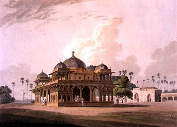 The Mausoleum of Mucdoom Shah Dowlut, vid Moneah vid floden Soane, från "Oriental Scenery: Twenty Four Views in Hindoostan" av Thomas Daniell