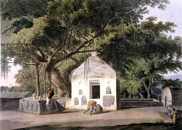Hindoes heliga träd, i Gyah, Bahar, från "Oriental Scenery: Twenty Four Views in Hindoostan" av Thomas Daniell