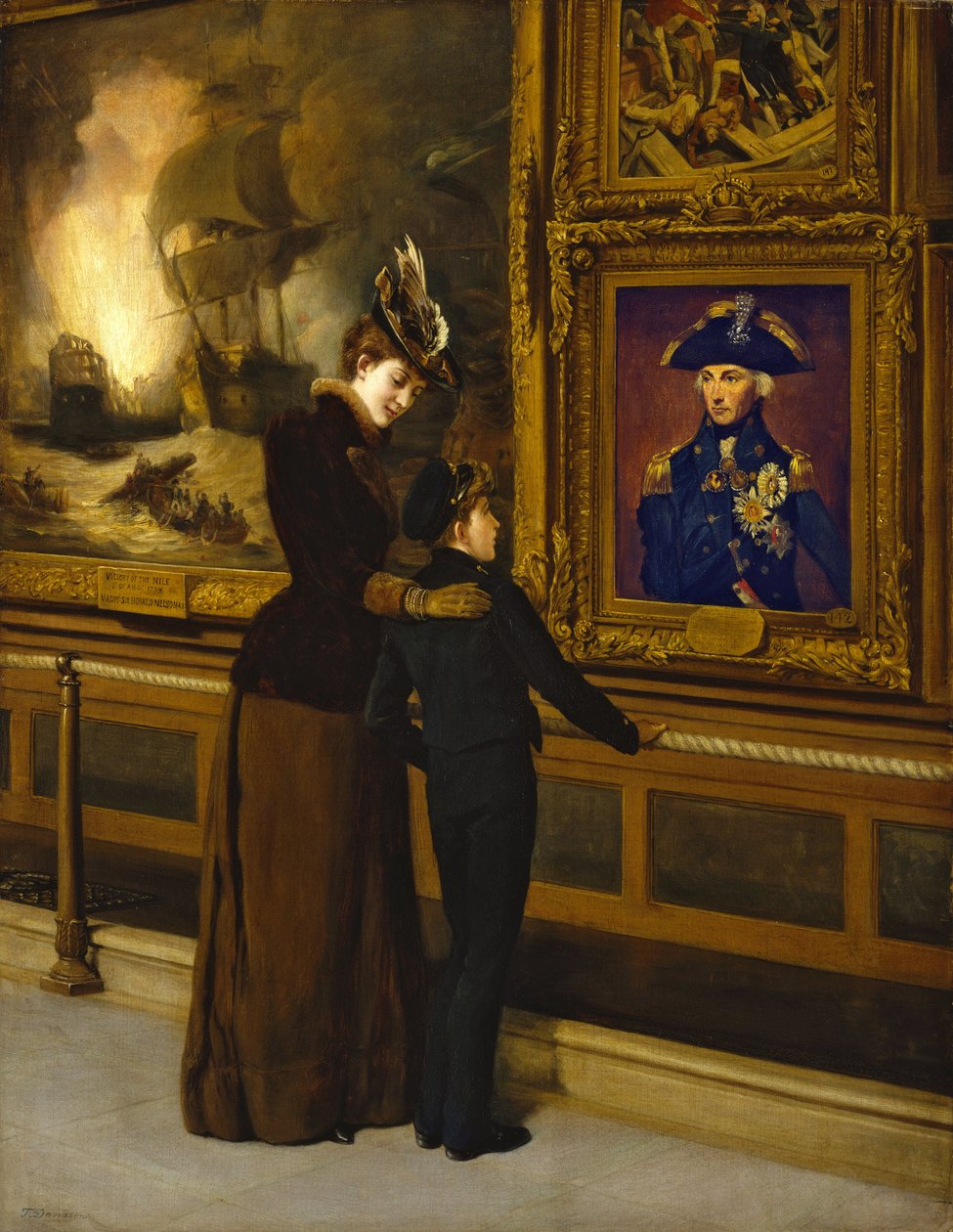 Brittisk stolthet och ära, en kadett från Royal Navy betraktar det berömda porträttet av Horatio Nelson (1748-1805) av Lemuel Abbott av Thomas Davidson