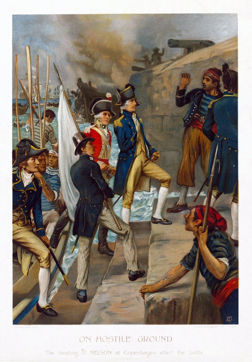I ett fientligt land. Horatio Nelsons (1758-1805) landstigning i Köpenhamn (Danmark) efter slaget (1801). Kromolitografi, ca 1897, av Thomas Davidson (verksam 1863-1903). av Thomas Davidson