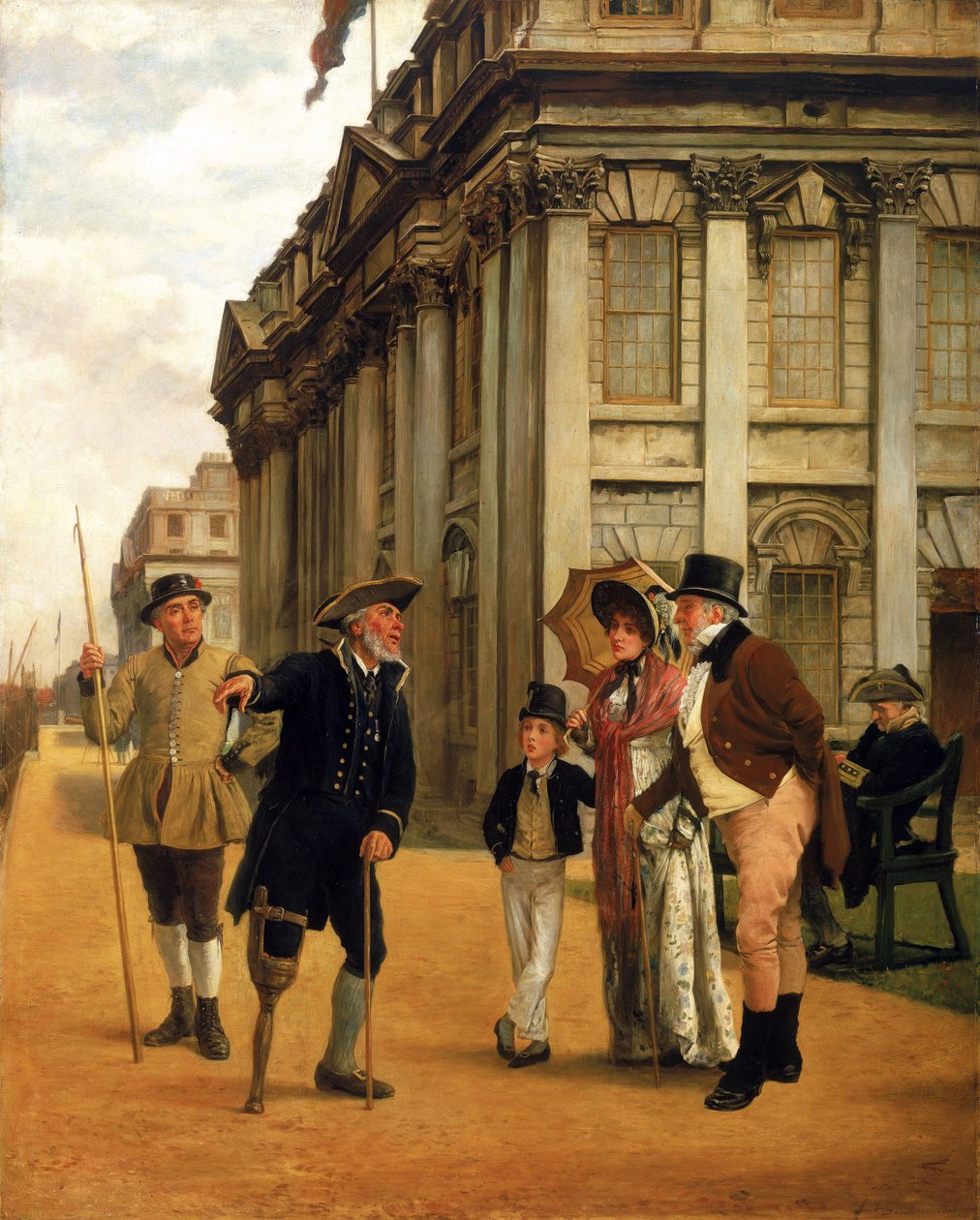 Historien om de boende, framför King Charles Court-byggnaden vid Greenwich Hospital talar en boende med ett träben, klädd i myndighetsuniform, med ett besökande par och deras son, runt dem två andra boende av Thomas Davidson
