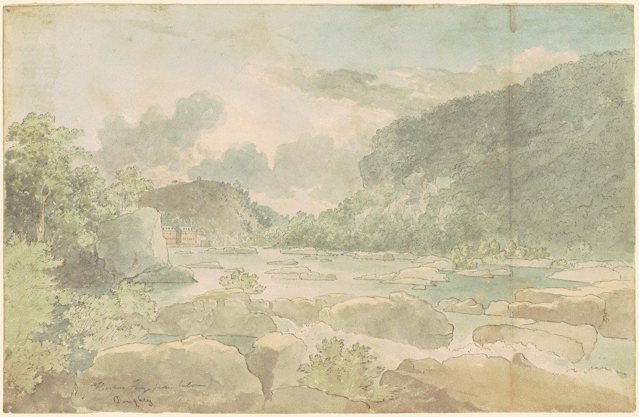 Harpers Ferry from Below, ca 1825-26 (penna och bläck med akvarell på papper) av Thomas Doughty