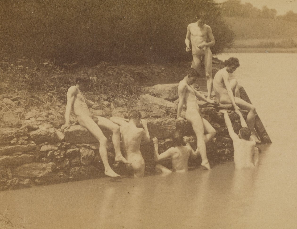 Thomas Eakins och manliga nakna modeller på platsen för "Simning" av Thomas Eakins