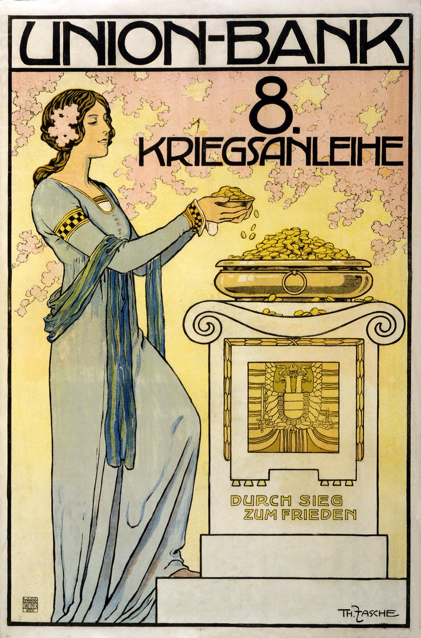 Österrikisk insamlingskampanj Union-Bank, 8:e krigslånet; genom seger till fred, pub. 1918 av Thomas Fasche