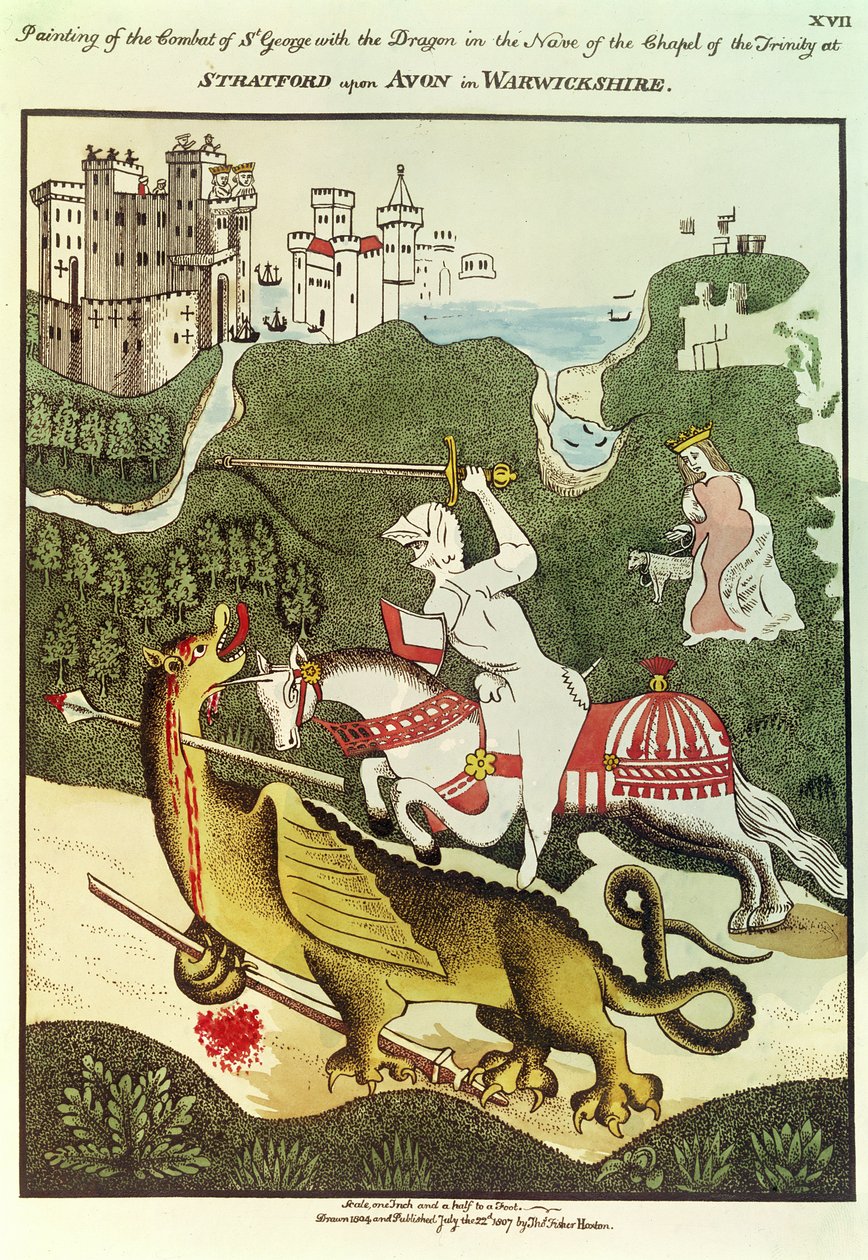 St. George and the Dragon, efter en originalmålning i Treenighetens kapell i Stratford Upon Avon, Warwickshire, 1804 av Thomas Fisher Hoxton