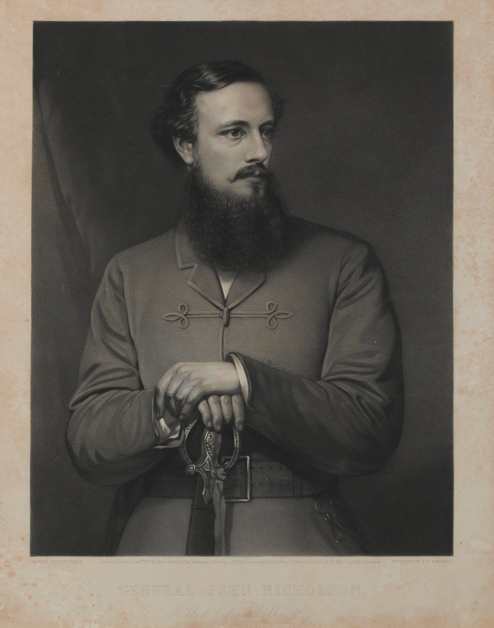 General John Nicholson, graverad av A.N. Saunders, utgiven av Henry Graves und Co. i London den 1 juni 1867 (gravering med blandad metod). av Thomas Francis Dicksee