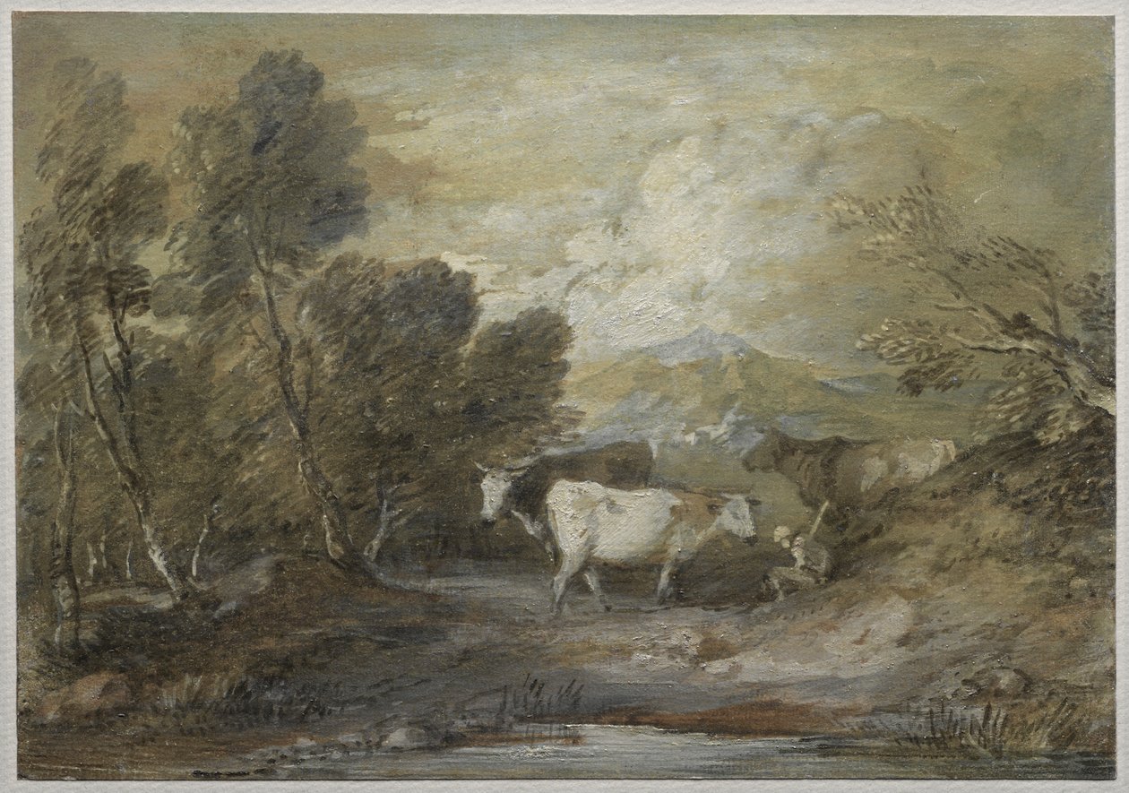En herde med tre kor vid en höglandsbassäng av Thomas Gainsborough