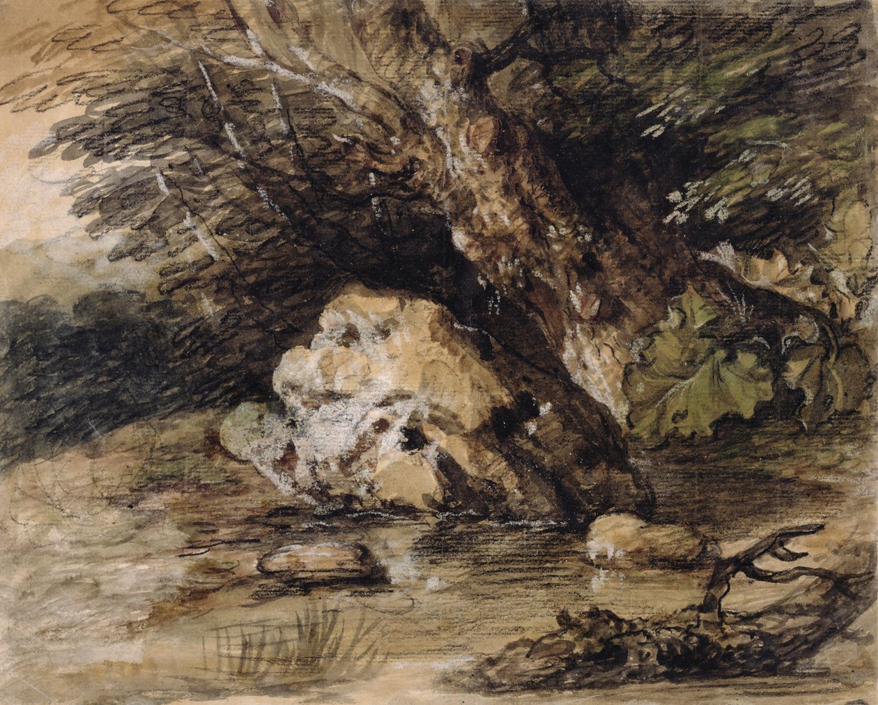 Ett kuperat landskap med figurer som närmar sig en bro, ca 1763 (wc och gouache på papper) av Thomas Gainsborough