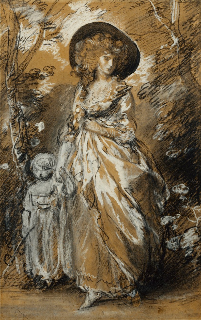 En dam som går i en trädgård, står full längd och håller sitt lilla barn vid handen; Möjligen en studie för The Richmond Water-Walk, av Thomas Gainsborough