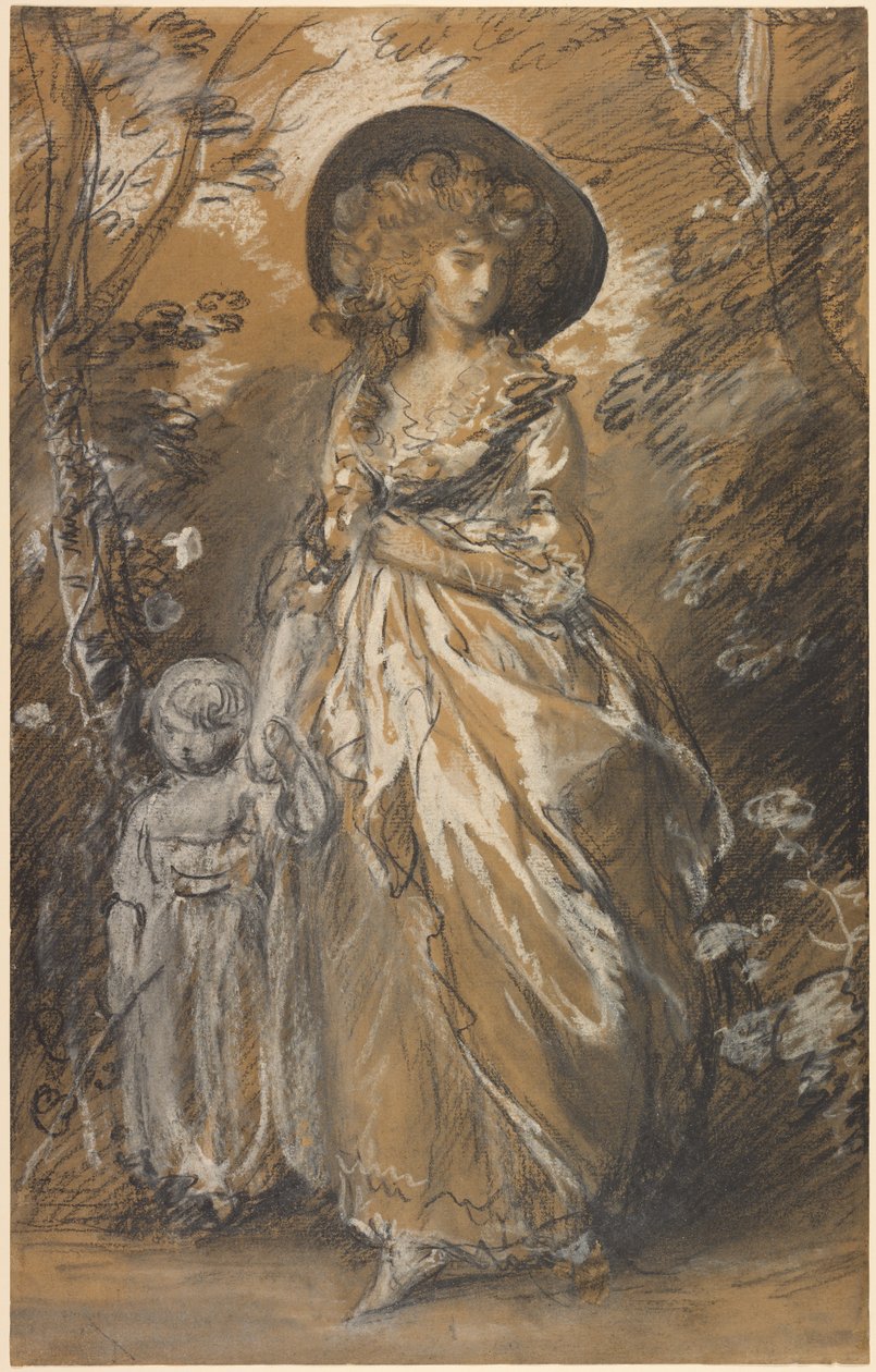 En dam som promenerar i en trädgård med ett barn av Thomas Gainsborough
