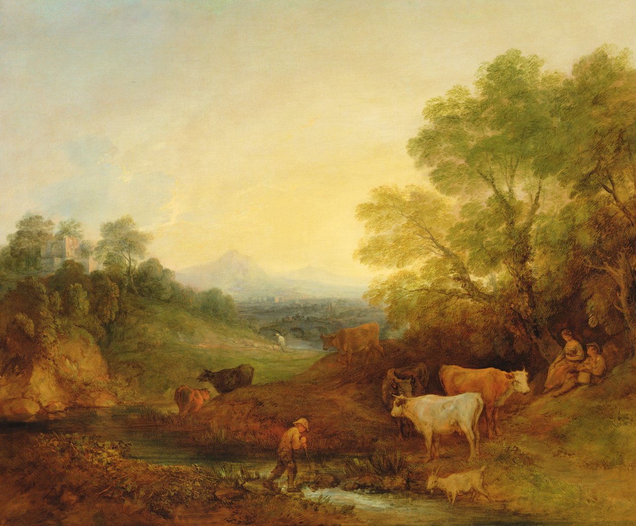 Ett landskap med boskap och figurer vid en bäck och en avlägsen bro, ca 1772-4 (olja på duk) av Thomas Gainsborough