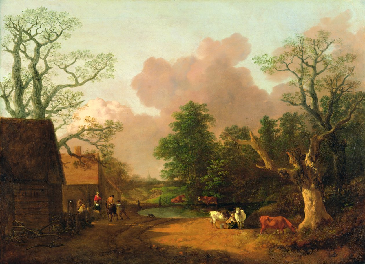A Landscape with Figures, Farm Buildings and a Milkmaid, c.1754-6 (olja på duk) av Thomas Gainsborough