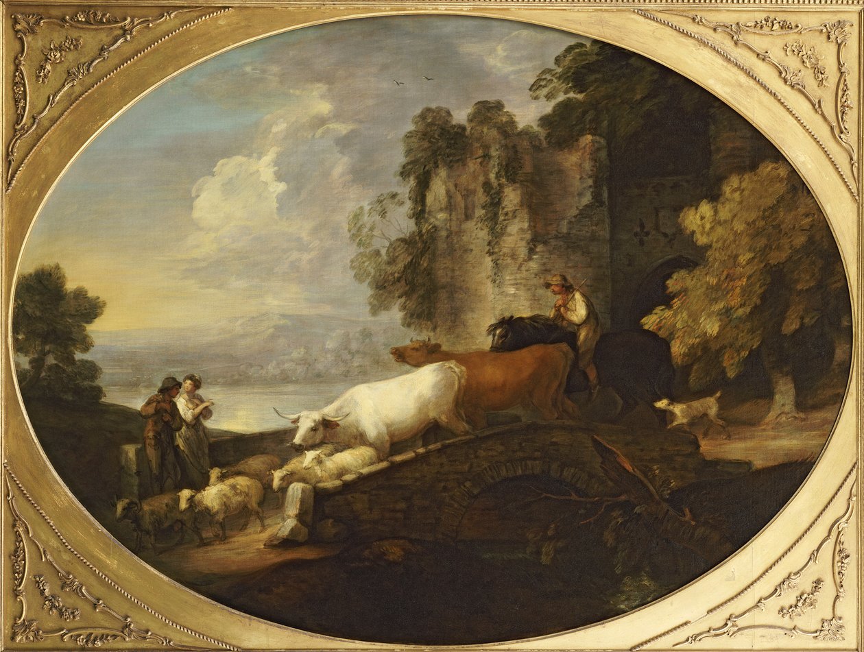 Ett flodlandskap med rustika älskare, en beriden herde som kör boskap och får över en bro med ett förstört slott bortom av Thomas Gainsborough