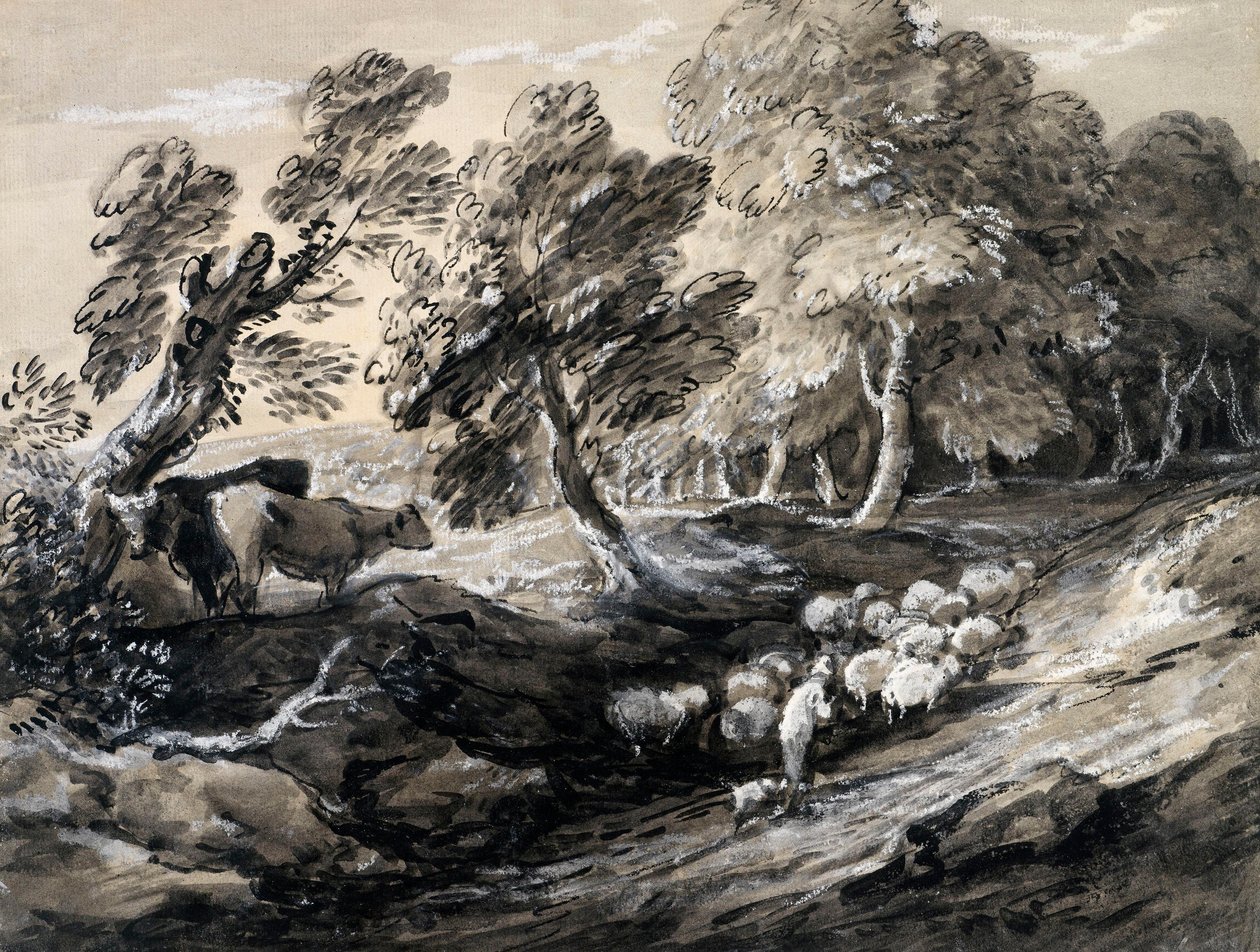 En herde som driver en fårhjord genom en skog av Thomas Gainsborough